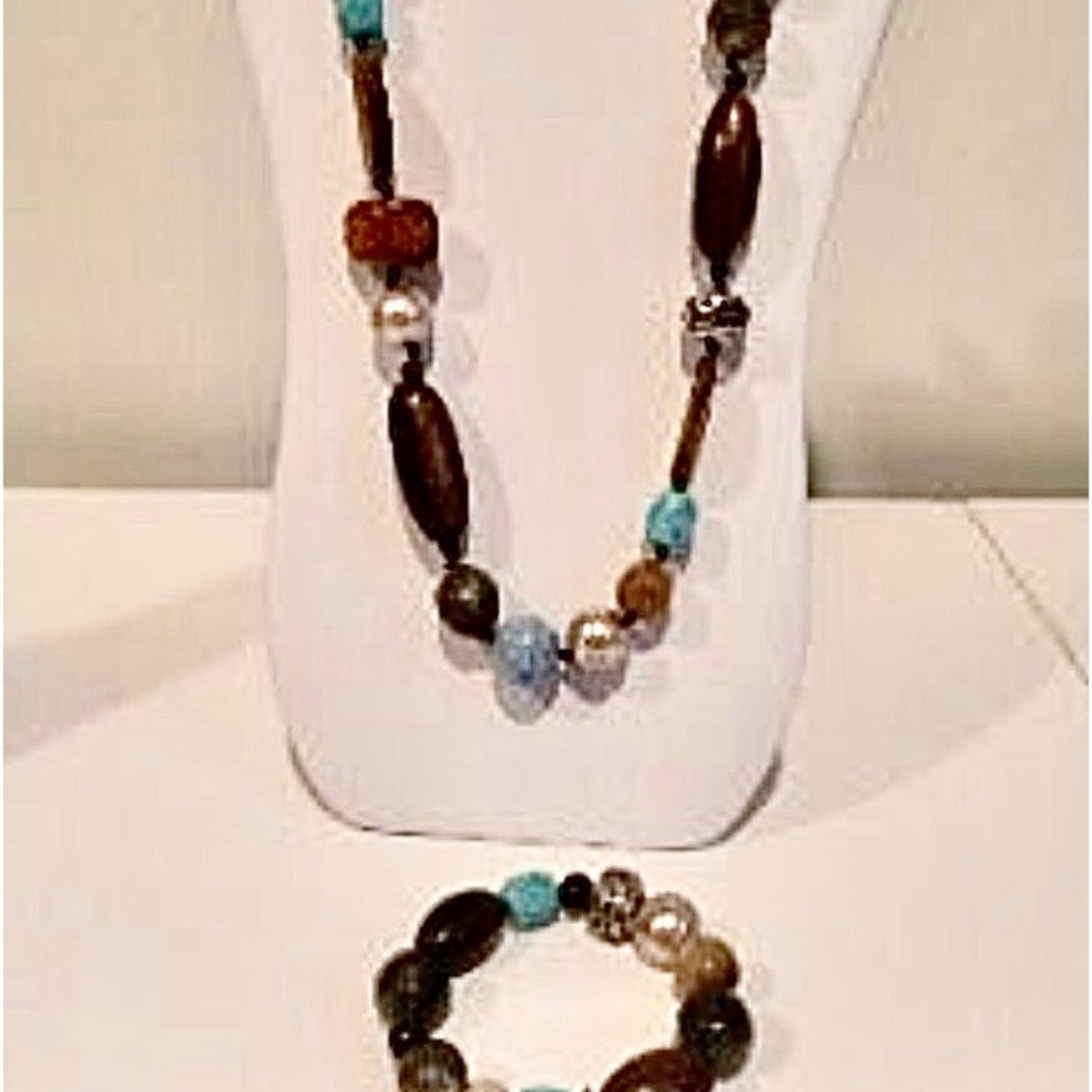 🤎 Pretty Turquoise & Brown Long Wood Bead Necklace Set.